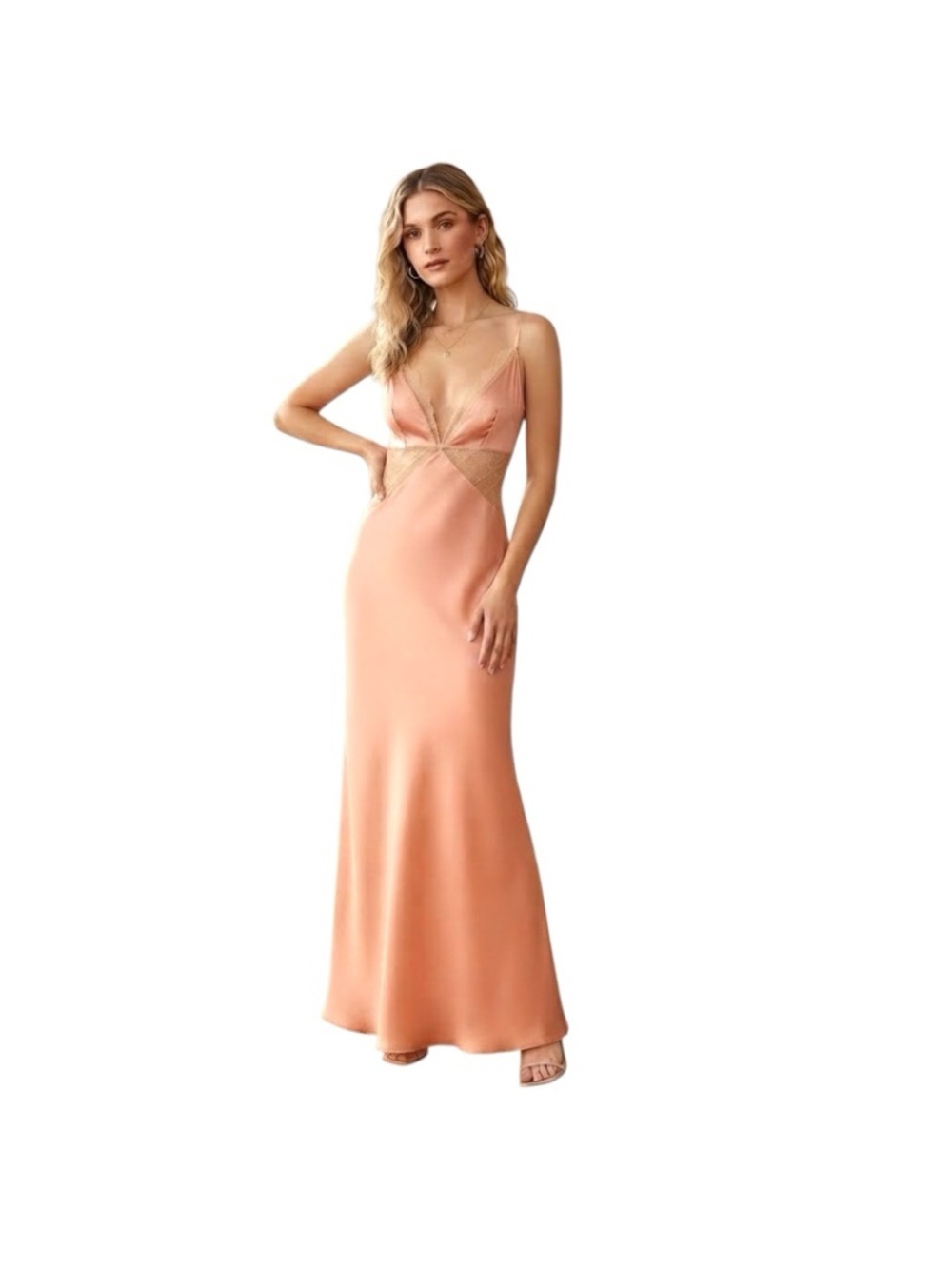 Peach Satin Maxi Slip Dress Lace Insets Sz S Deep V Neck Feminine Events Gown